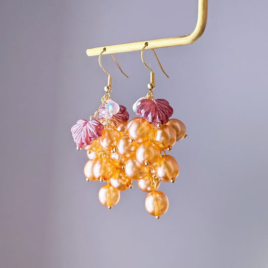 Handmade Autumn Golden Grapes with Purple Leaf Glass Bead Earrings