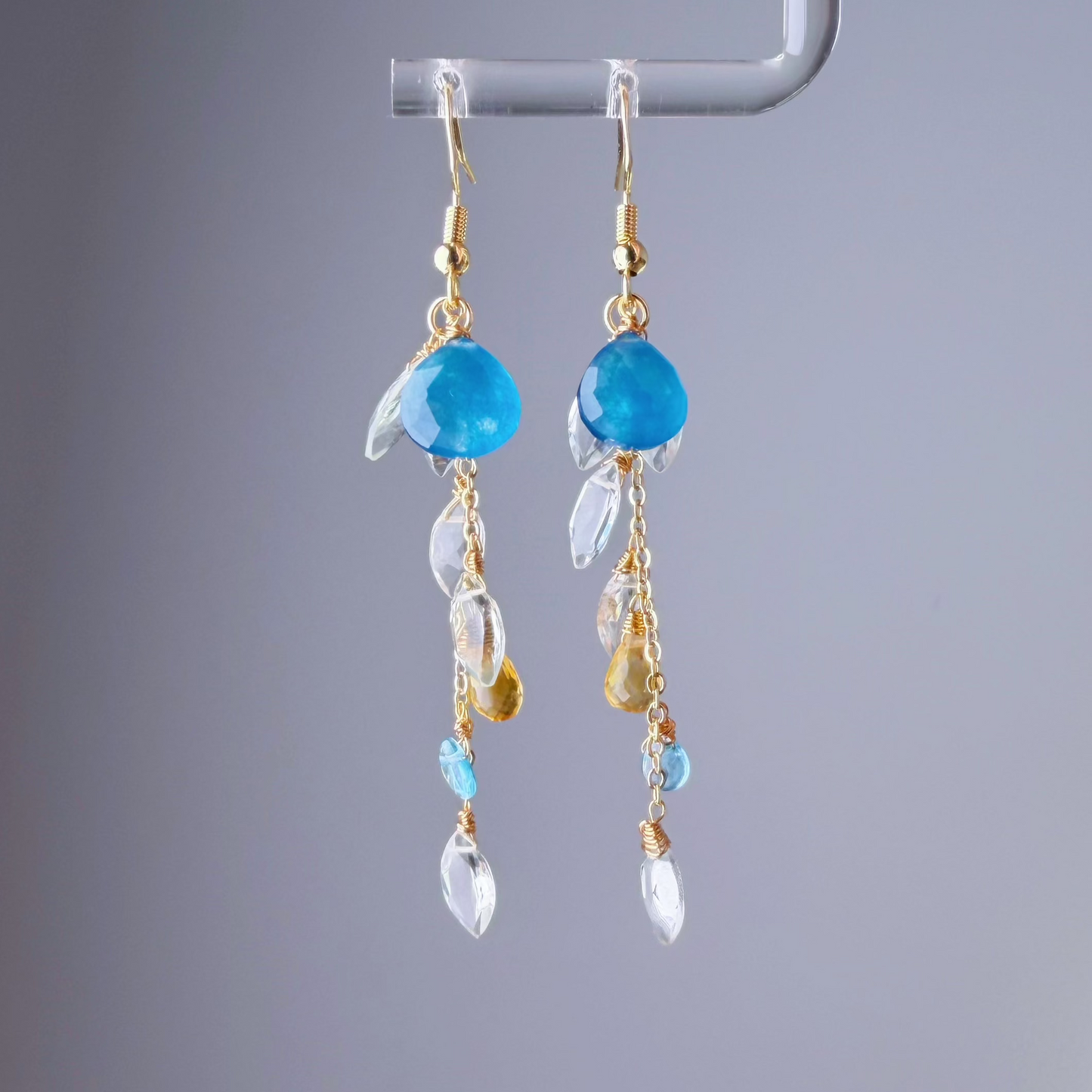 Handmade Blue Agate Citrine Gemstone Teardrop and Green Amethyst Faceted Willow Leaves Earrings