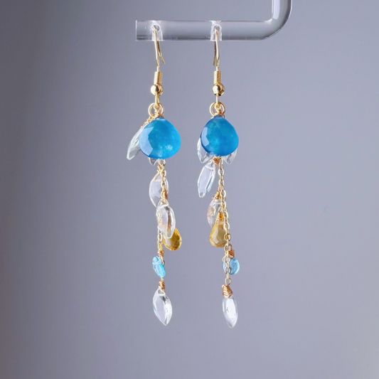 Handmade Blue Agate Citrine Gemstone Teardrop and Green Amethyst Faceted Willow Leaves Earrings