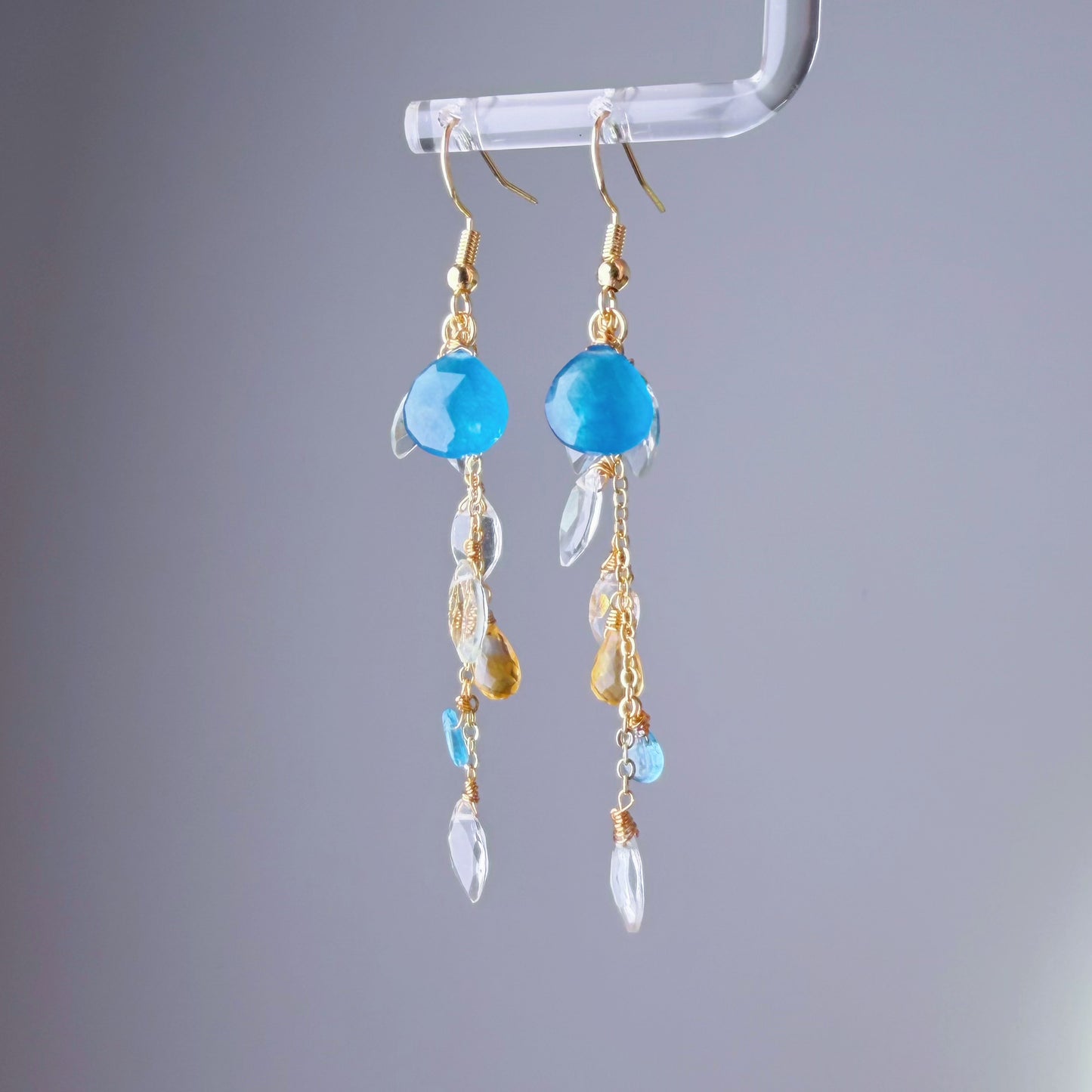 Handmade Blue Agate Citrine Gemstone Teardrop and Green Amethyst Faceted Willow Leaves Earrings