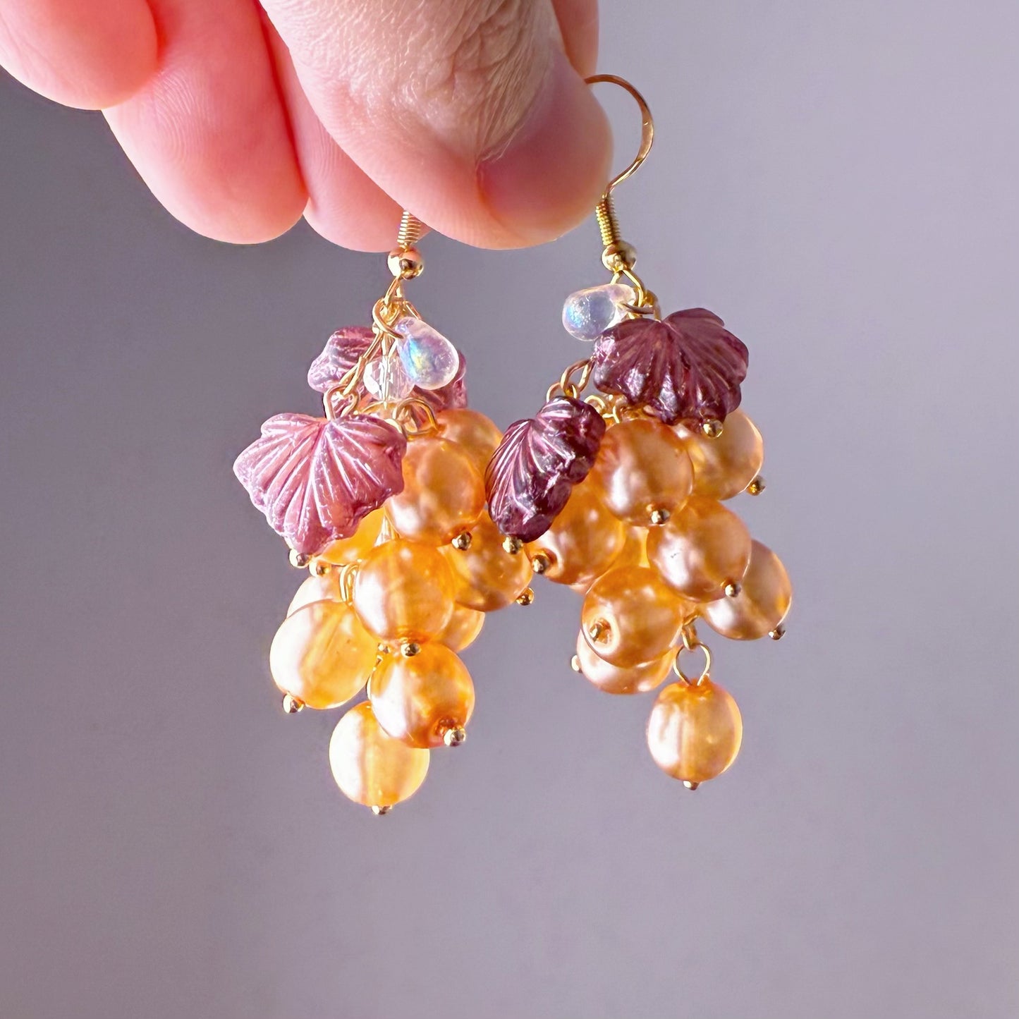 Handmade Autumn Golden Grapes with Purple Leaf Glass Bead Earrings