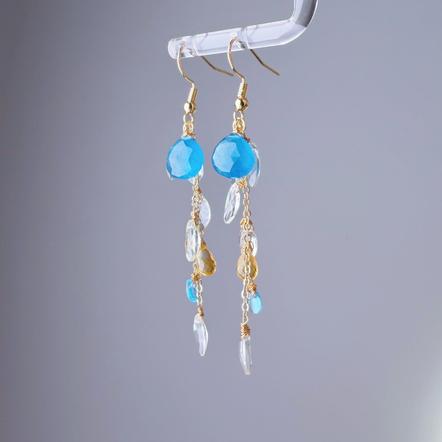 Handmade Blue Agate Citrine Gemstone Teardrop and Green Amethyst Faceted Willow Leaves Earrings