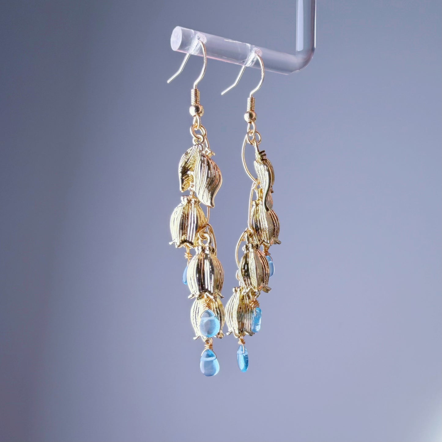 Handmade Lily of the Valley Flowers Blue Paraiba Apatite Gemstone Teardrop Earrings