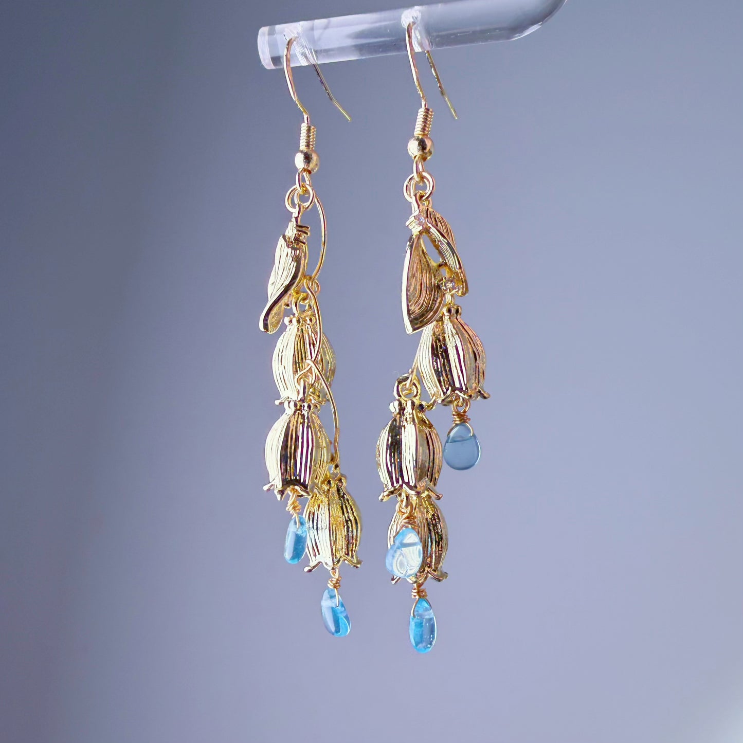 Handmade Lily of the Valley Flowers Blue Paraiba Apatite Gemstone Teardrop Earrings