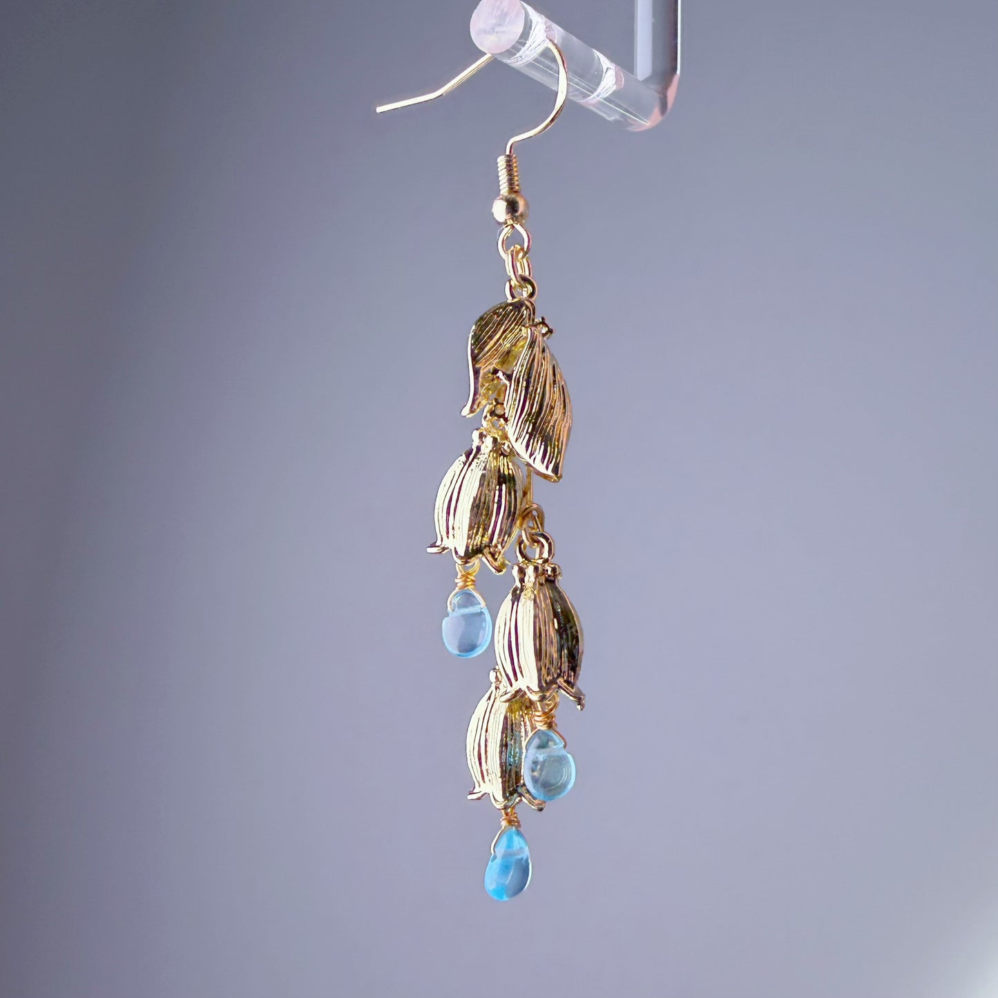 Handmade Lily of the Valley Flowers Blue Paraiba Apatite Gemstone Teardrop Earrings