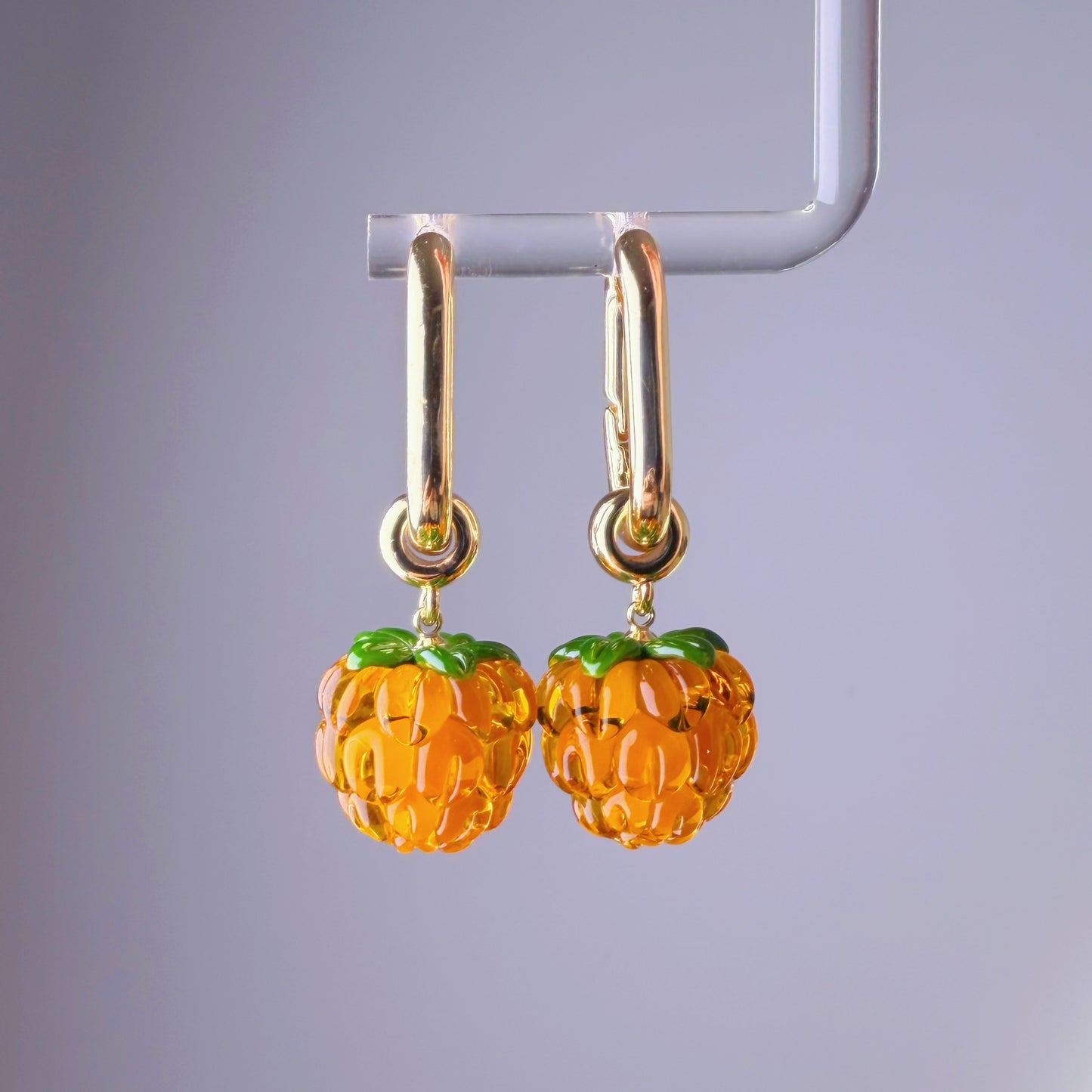 Handmade Lampwork Glass Yellow Cloudberries Square Hoop Earrings