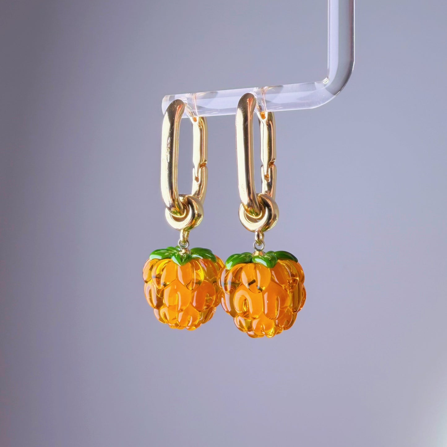 Handmade Lampwork Glass Yellow Cloudberries Square Hoop Earrings