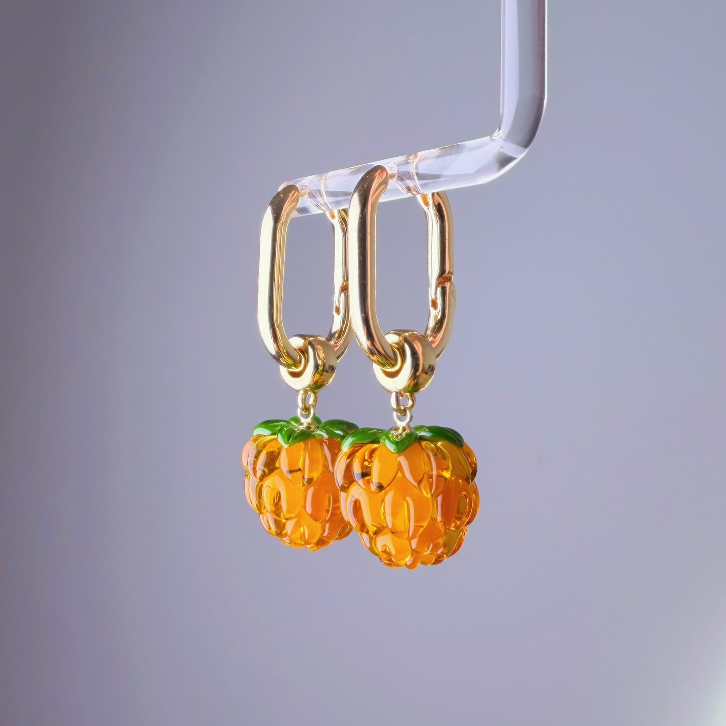 Handmade Lampwork Glass Yellow Cloudberries Square Hoop Earrings