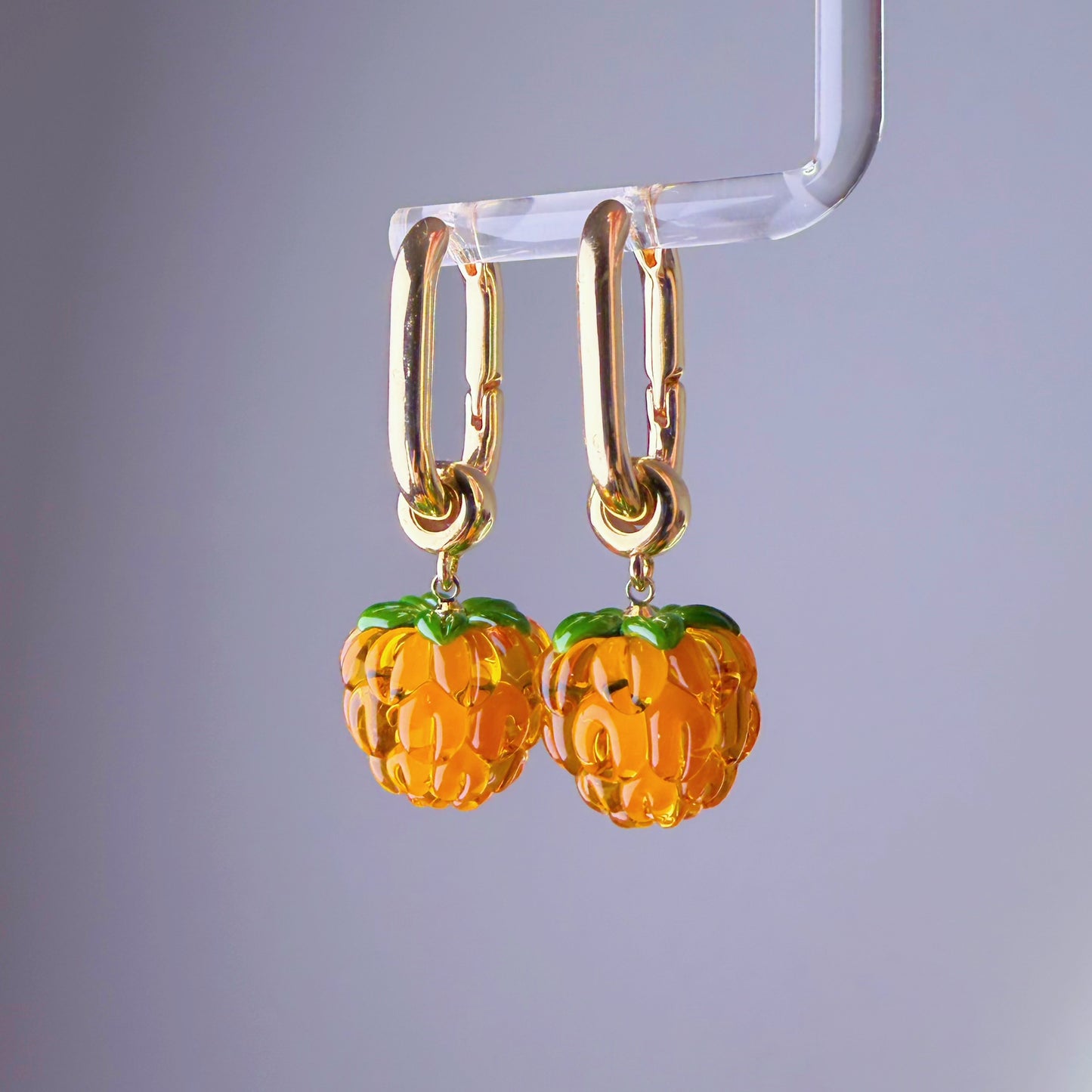 Handmade Lampwork Glass Yellow Cloudberries Square Hoop Earrings