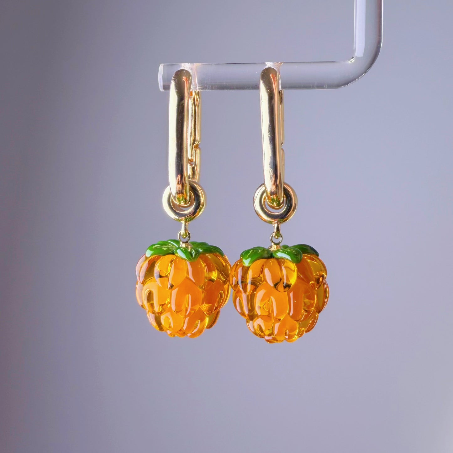 Handmade Lampwork Glass Yellow Cloudberries Square Hoop Earrings
