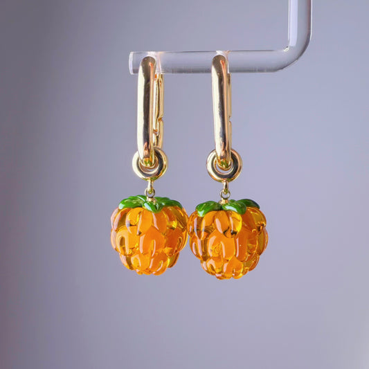 Handmade Lampwork Glass Yellow Cloudberries Square Hoop Earrings