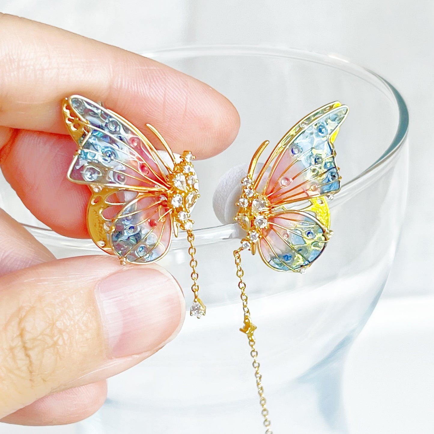 Handmade Pink Blue Butterflies with Drops Earrings-Ninaouity