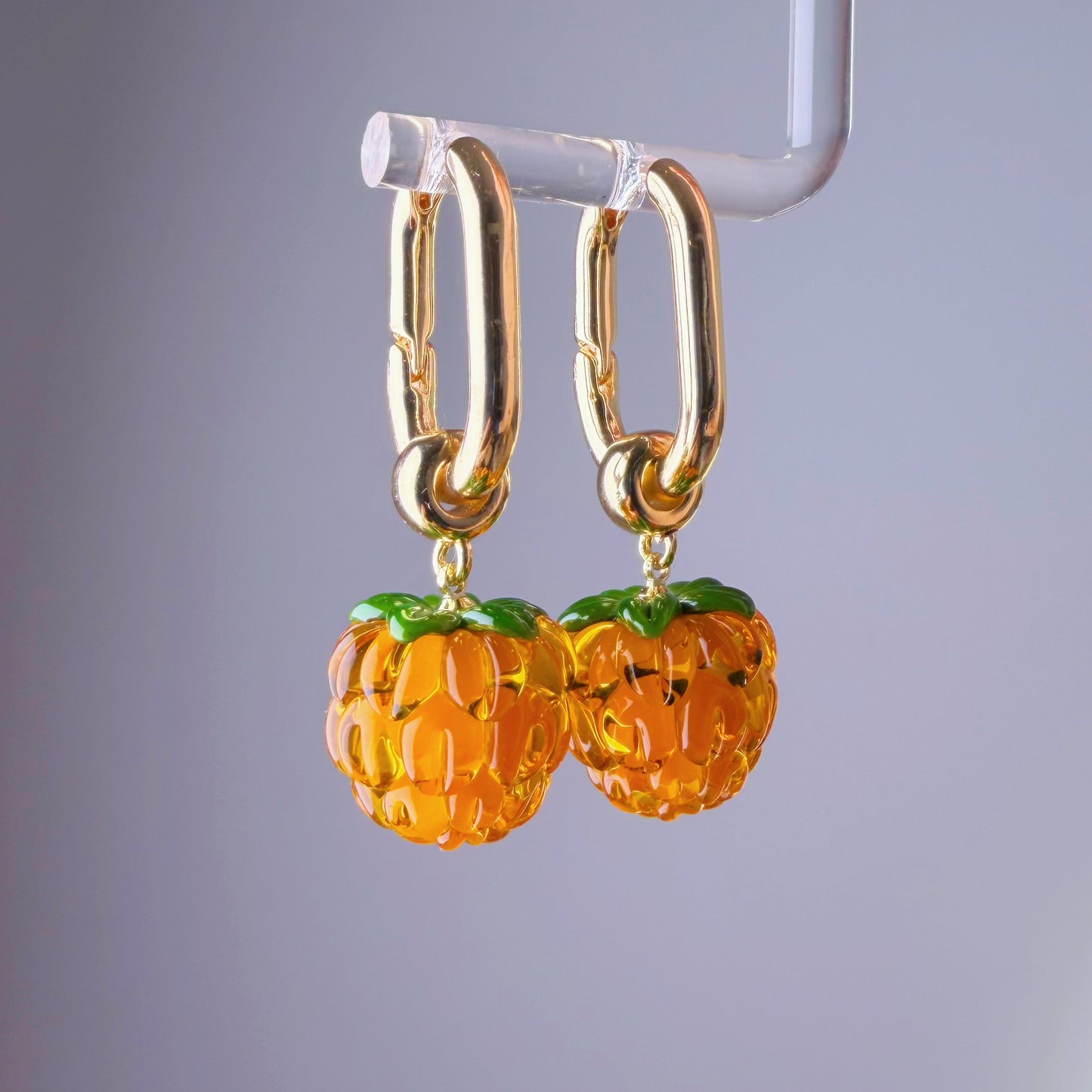 Handmade Lampwork Glass Yellow Cloudberries Square Hoop Earrings