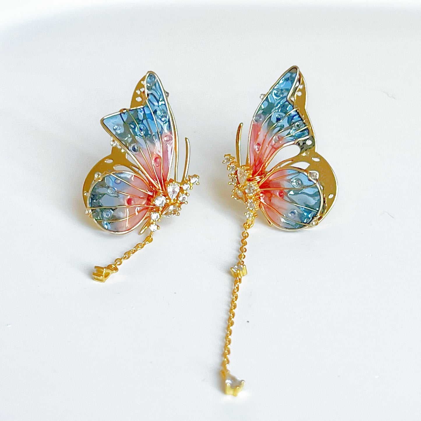 Handmade Pink Blue Butterflies with Drops Earrings-Ninaouity