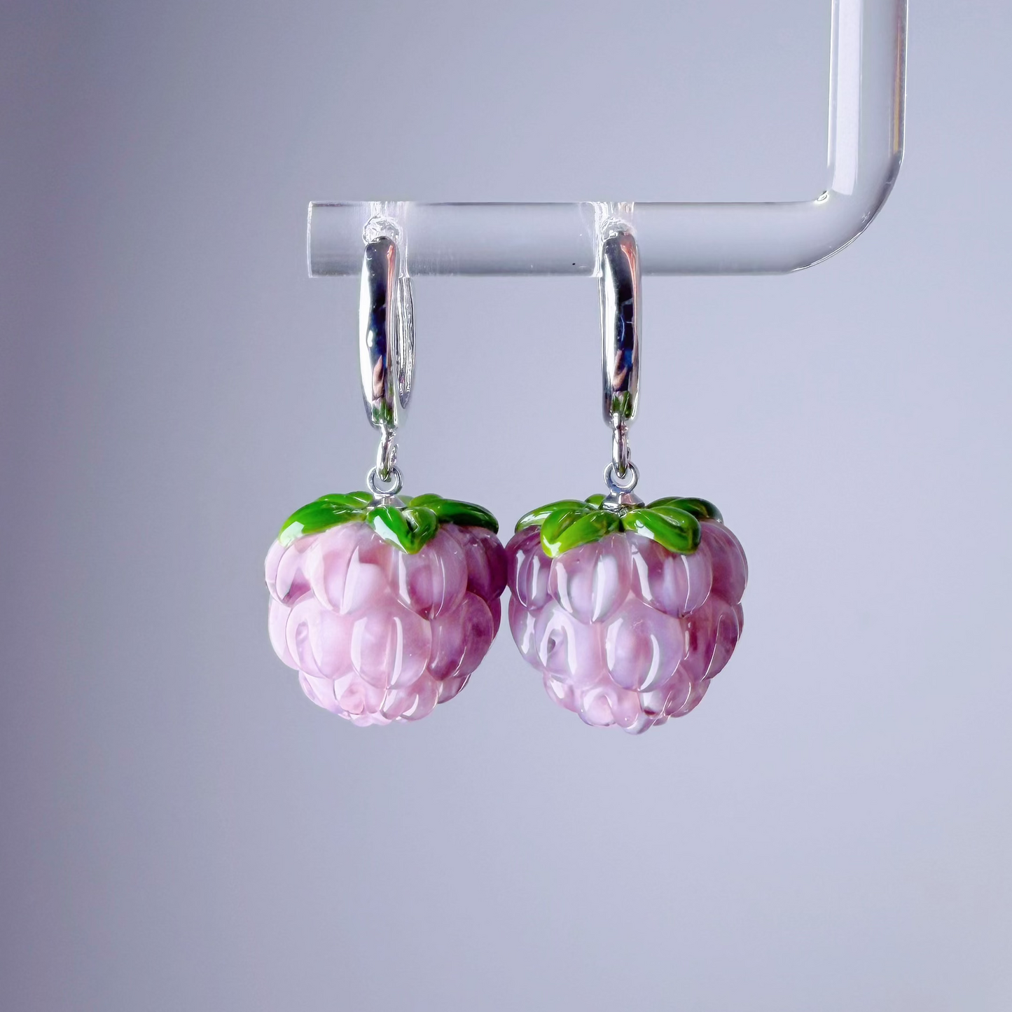 Handmade Lampwork Glass Purple Raspberries Silver Hoop Earrings