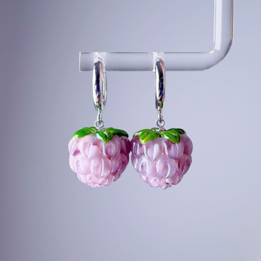 Handmade Lampwork Glass Purple Raspberries Silver Hoop Earrings