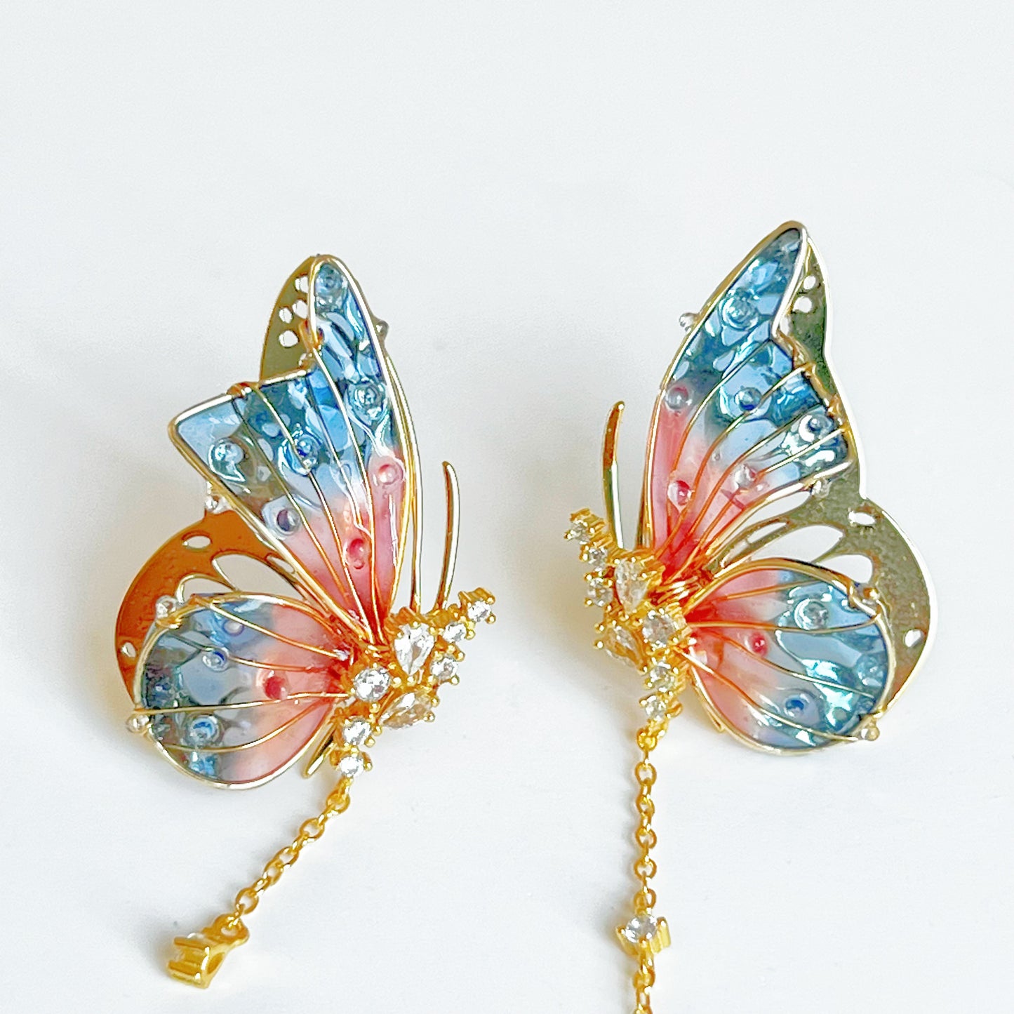 Handmade Pink Blue Butterflies with Drops Earrings-Ninaouity