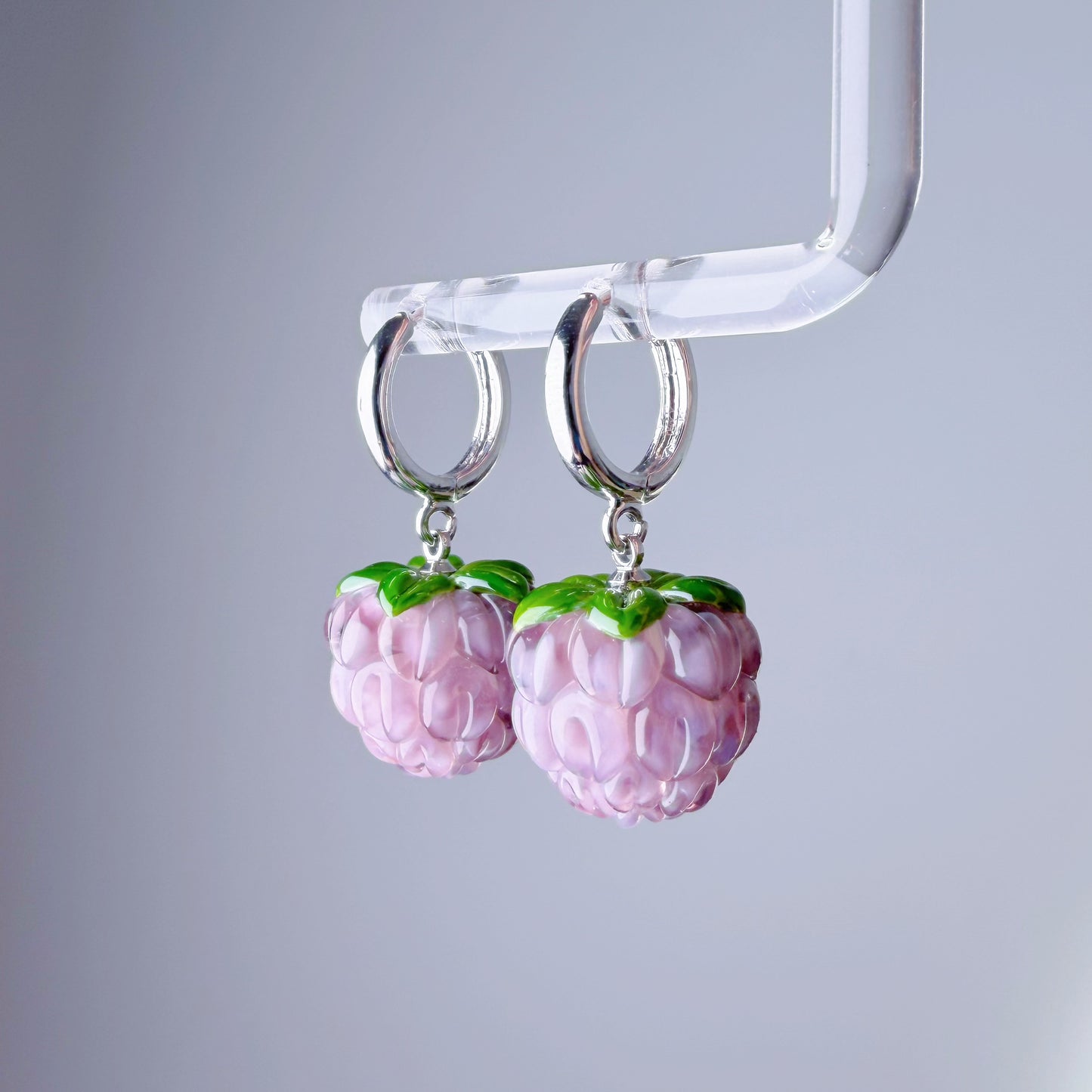 Handmade Lampwork Glass Purple Raspberries Silver Hoop Earrings