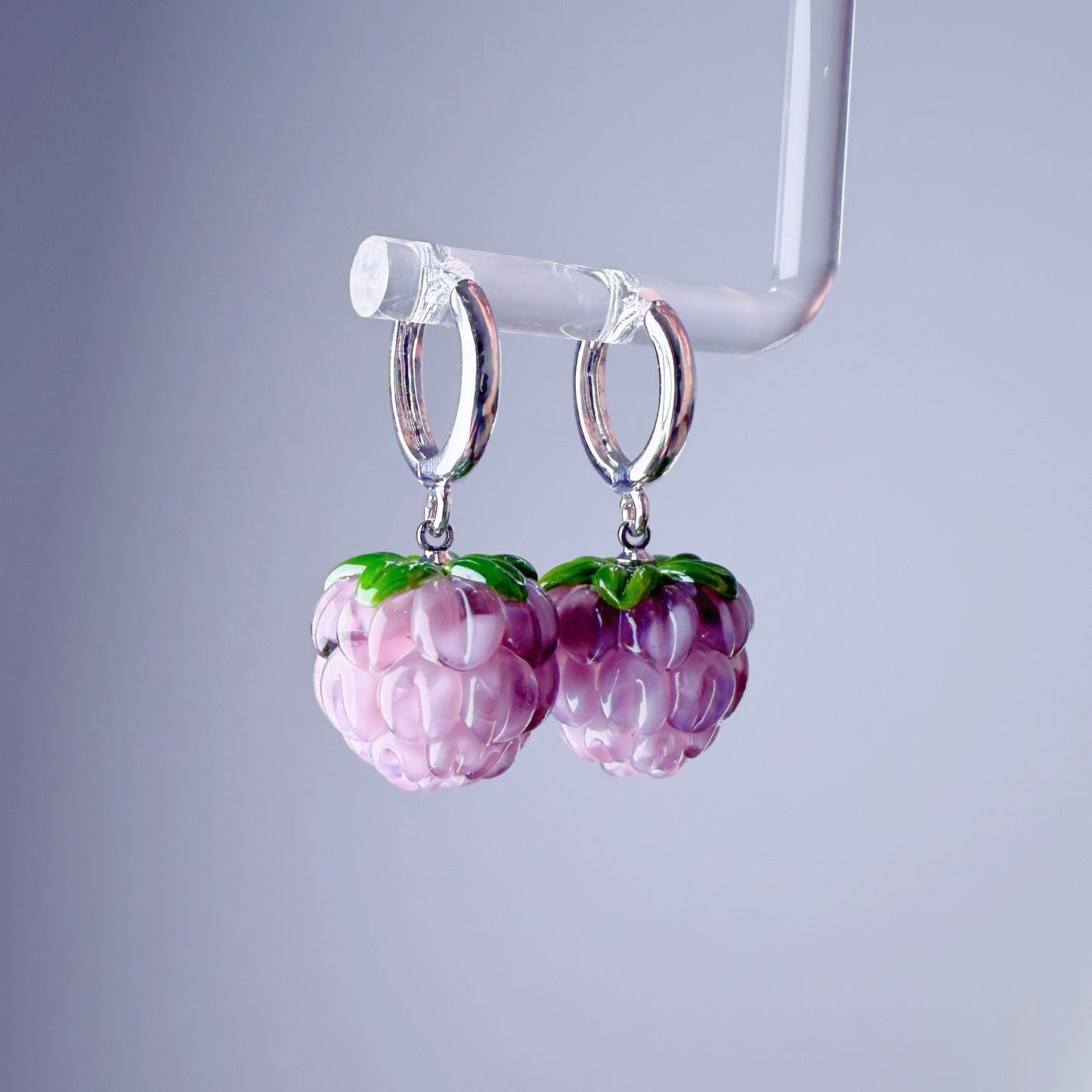 Handmade Lampwork Glass Purple Raspberries Silver Hoop Earrings