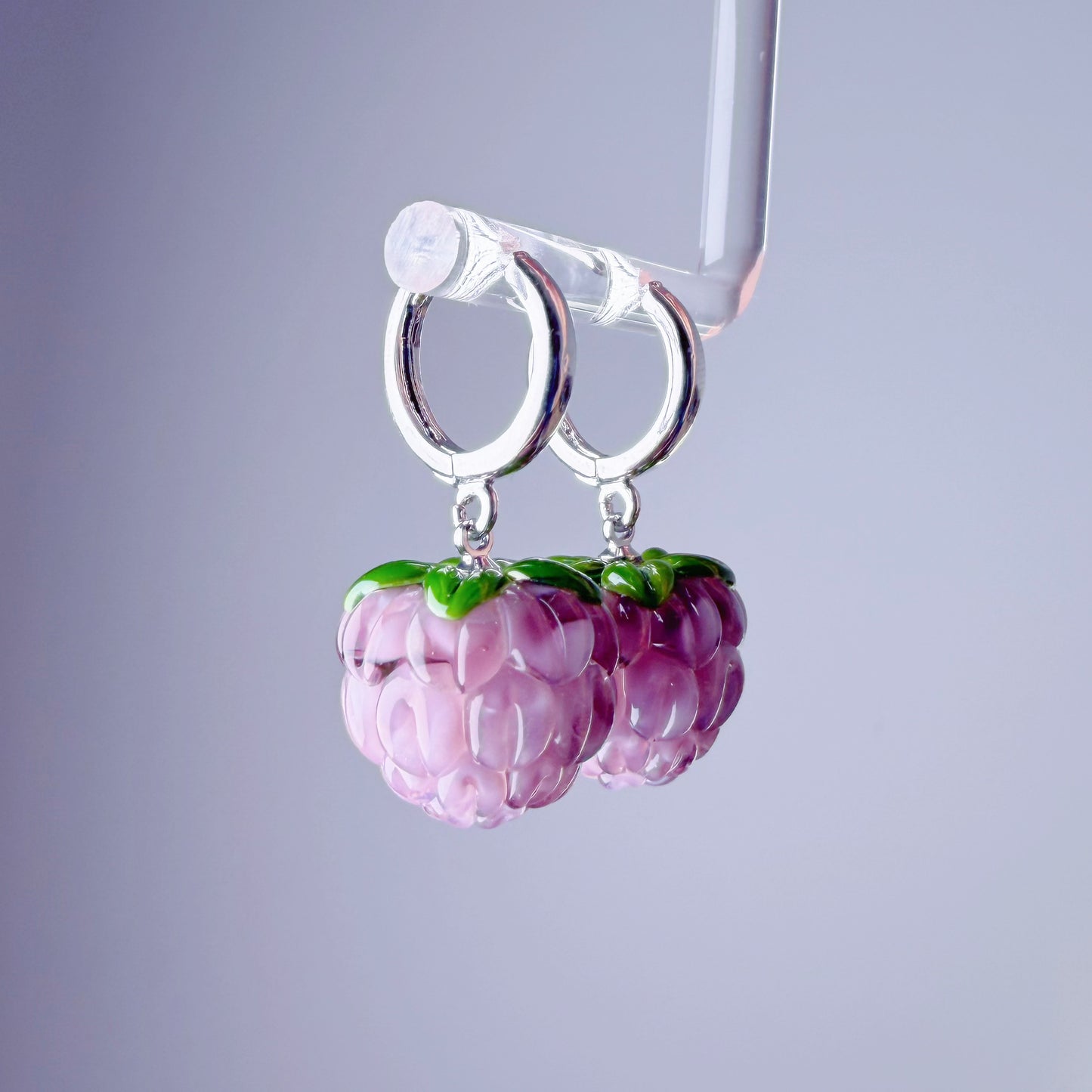 Handmade Lampwork Glass Purple Raspberries Silver Hoop Earrings