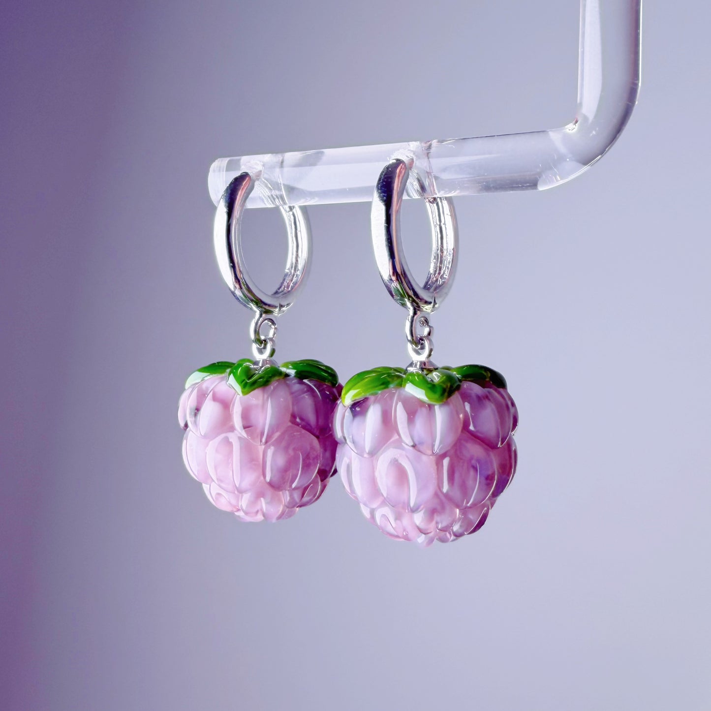 Handmade Lampwork Glass Purple Raspberries Silver Hoop Earrings