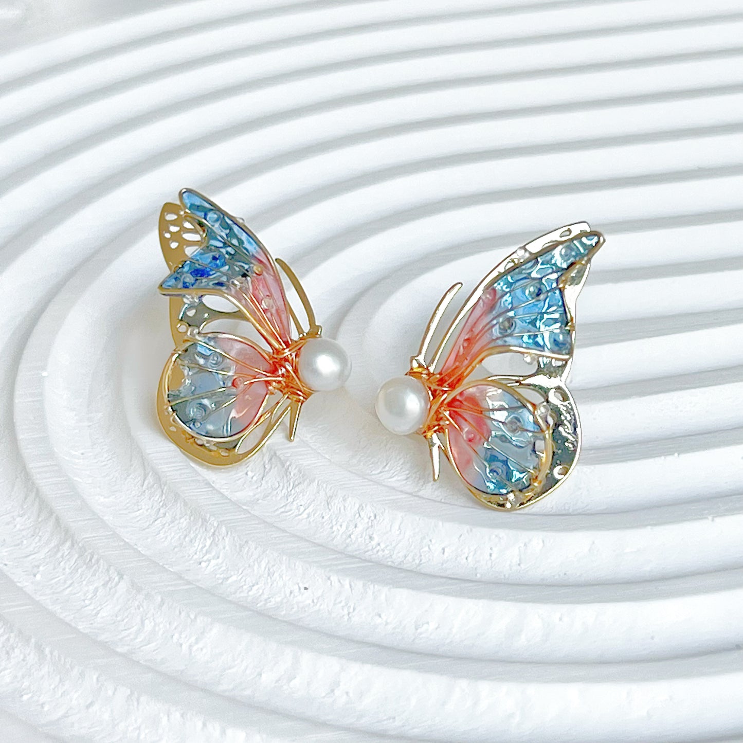 Handmade Pink Blue Butterflies Earrings-Ninaouity