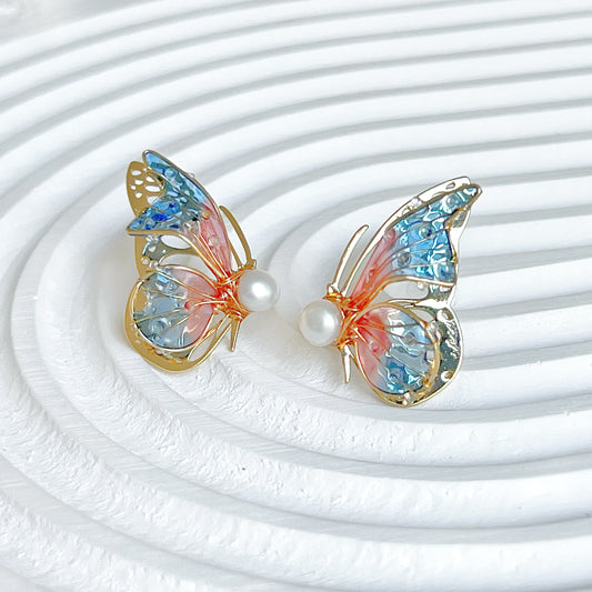 Handmade Pink Blue Butterflies Earrings-Ninaouity