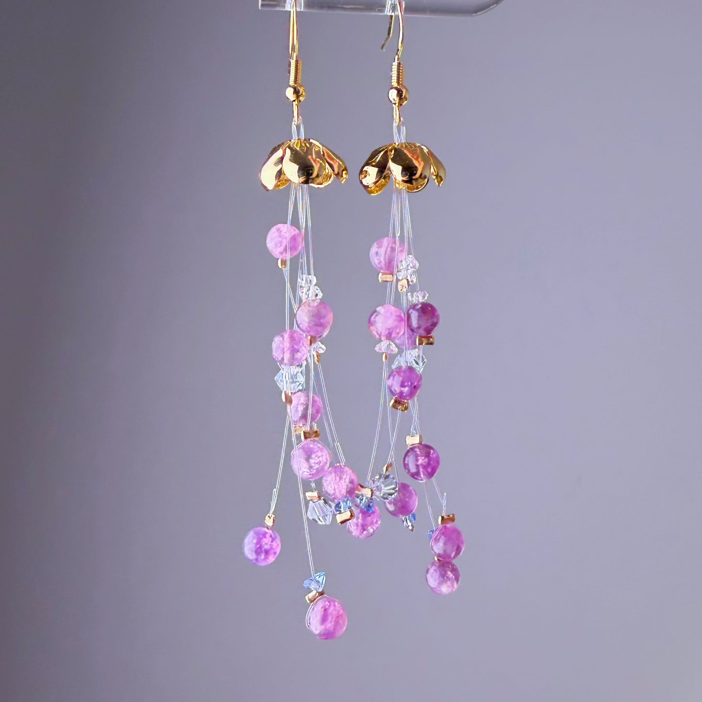 Handmade Purple Lepidolite Crystal Beaded Jellyfish Dangle Earrings