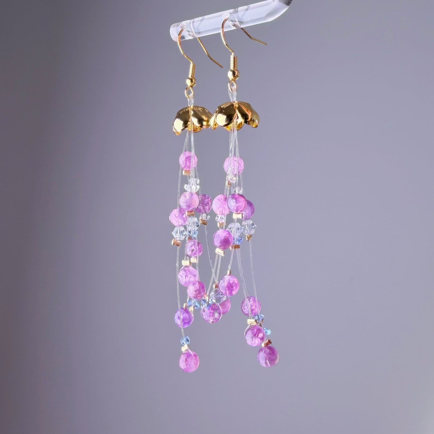 Handmade Purple Lepidolite Crystal Beaded Jellyfish Dangle Earrings