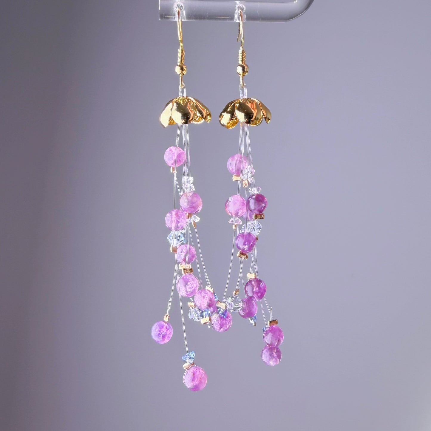 Handmade Purple Lepidolite Crystal Beaded Jellyfish Dangle Earrings