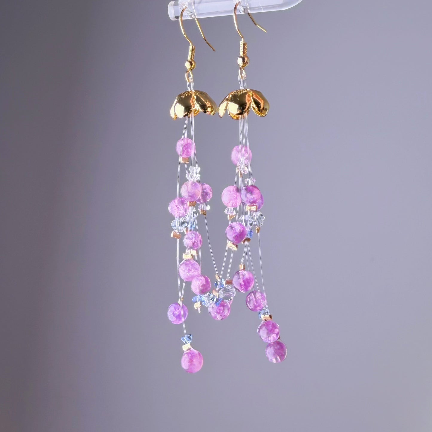 Handmade Purple Lepidolite Crystal Beaded Jellyfish Dangle Earrings