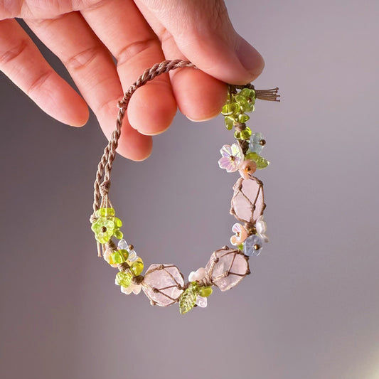 Quartzberry - Heart Chakra Rose Quartz with Peridot Handmade Macrame Bracelet