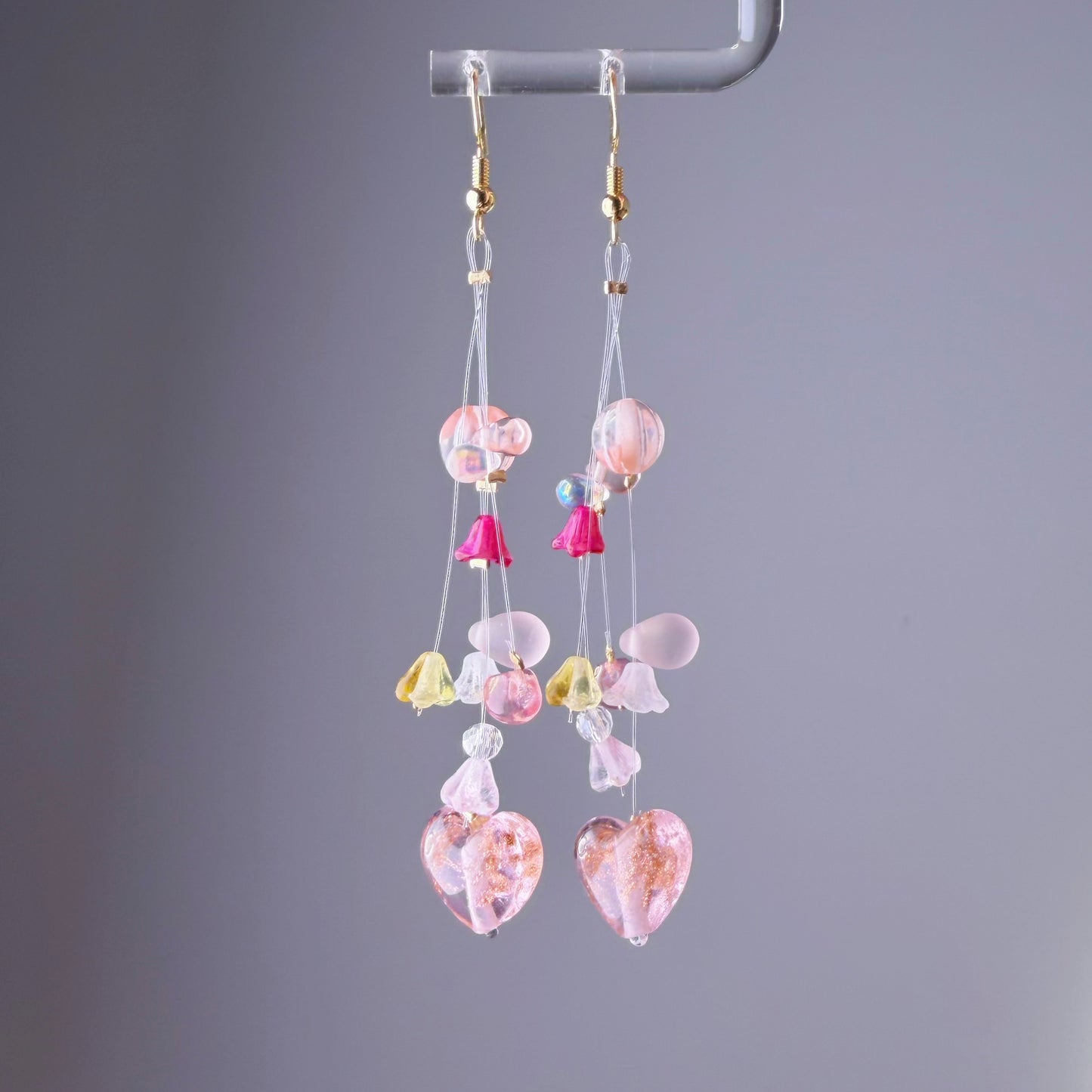 Handmade Pink Hearts and Floating Flowers Lampwork Glass Beaded Earrings