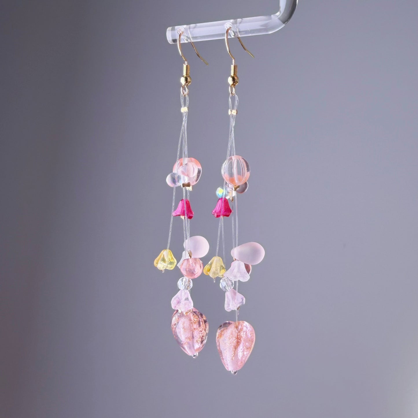 Handmade Pink Hearts and Floating Flowers Lampwork Glass Beaded Earrings