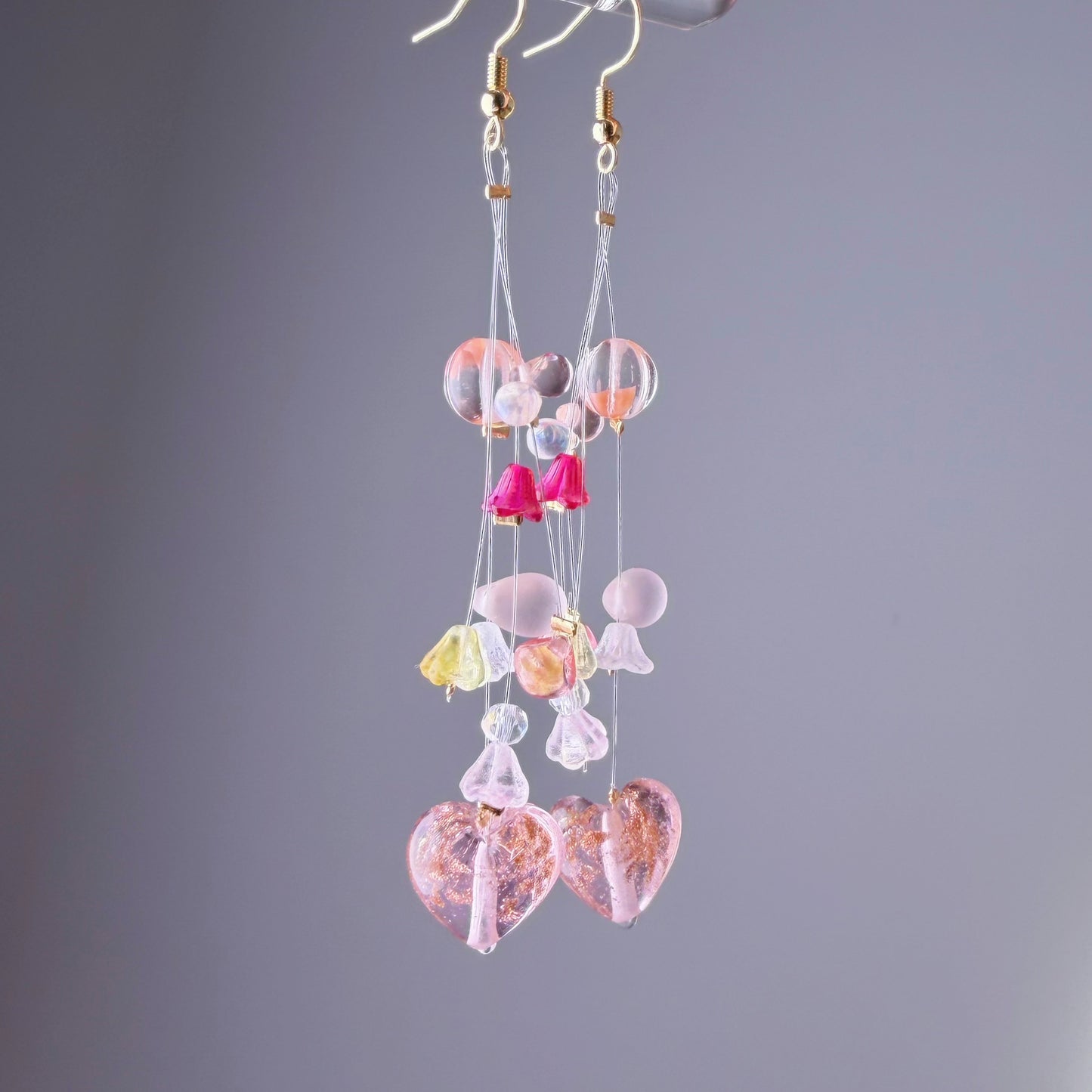Handmade Pink Hearts and Floating Flowers Lampwork Glass Beaded Earrings