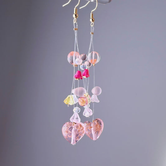 Handmade Pink Hearts and Floating Flowers Lampwork Glass Beaded Earrings