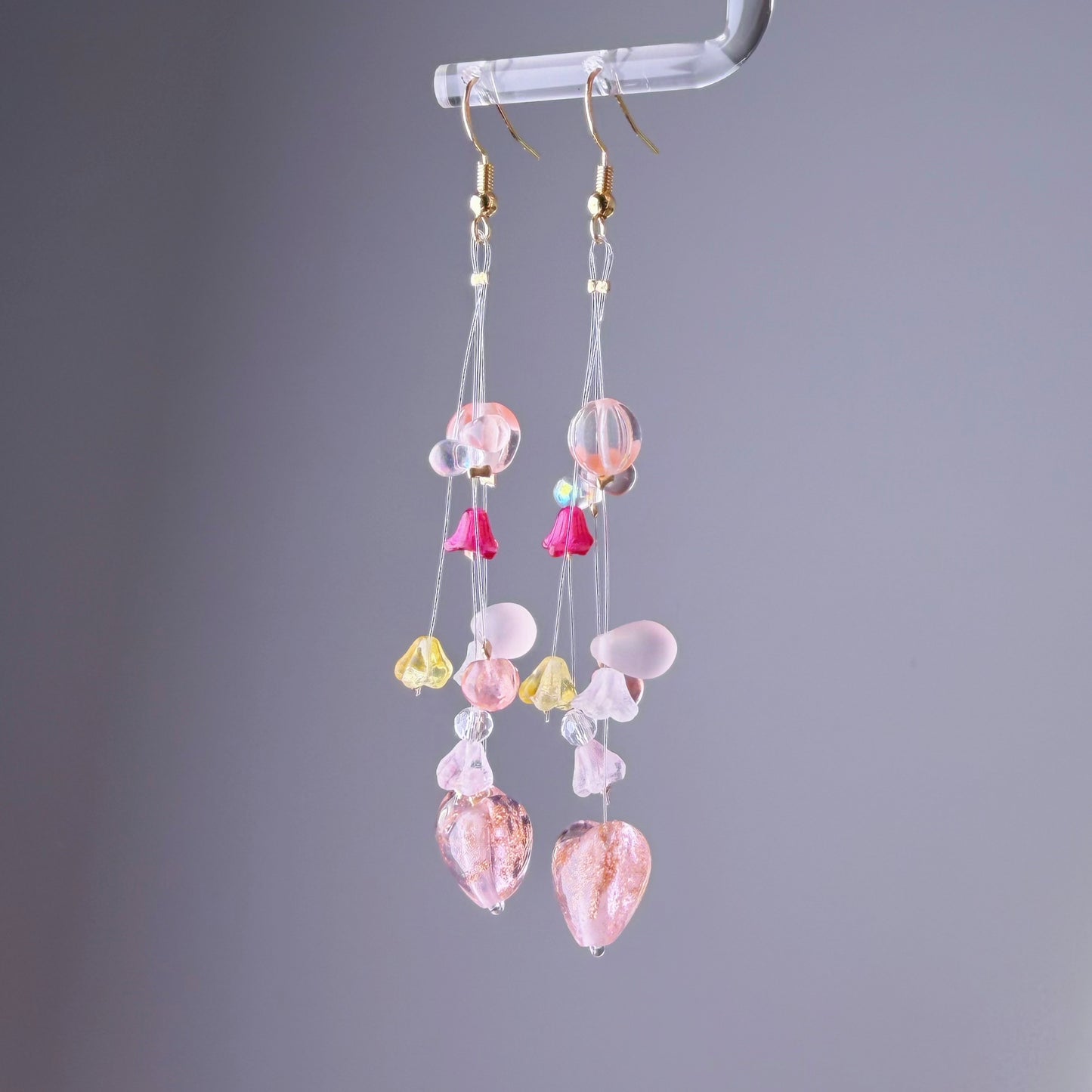 Handmade Pink Hearts and Floating Flowers Lampwork Glass Beaded Earrings