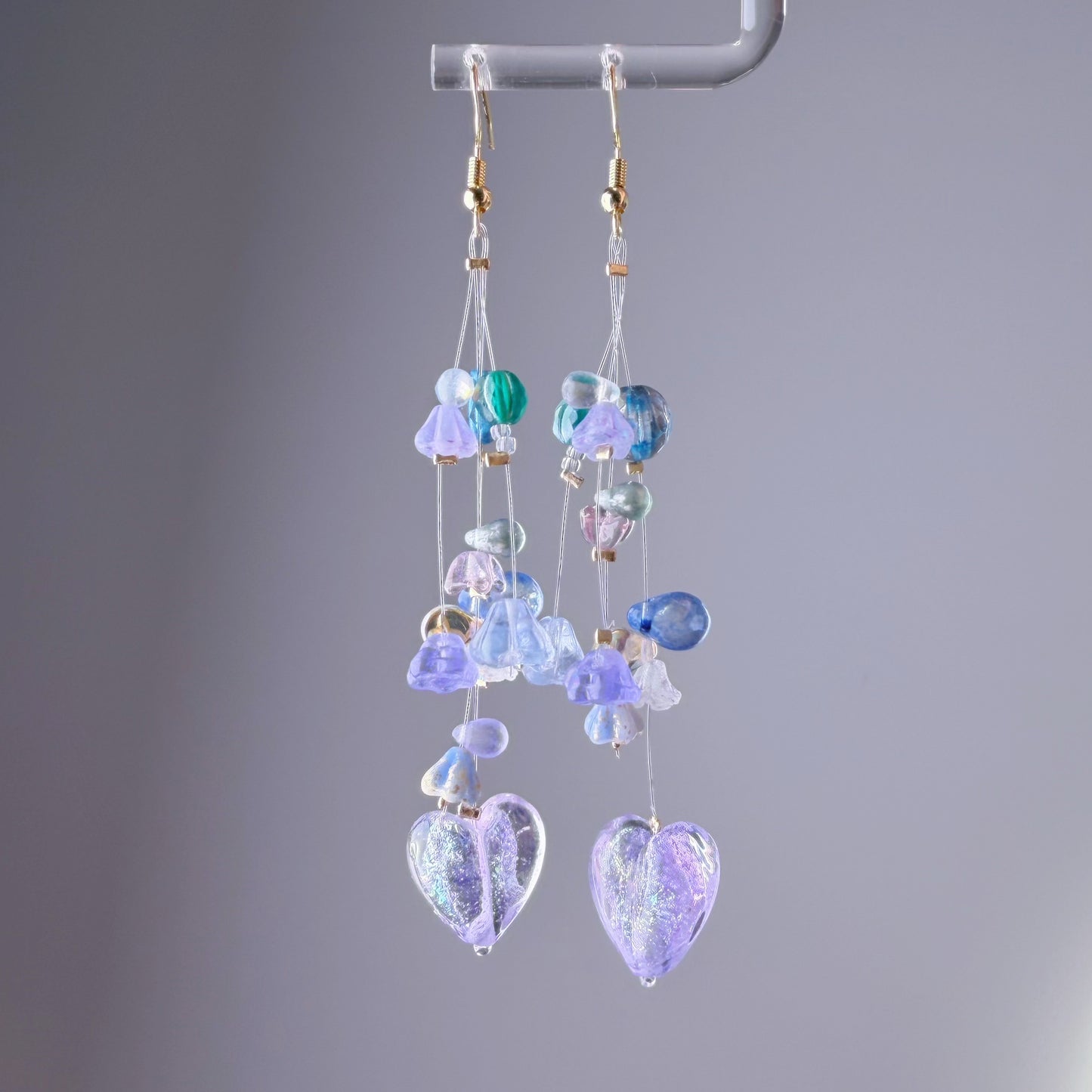 Handmade Purple Hearts and Floating Flowers Lampwork Glass Beaded Earrings