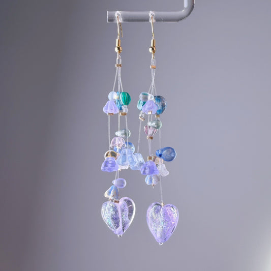 Handmade Purple Hearts and Floating Flowers Lampwork Glass Beaded Earrings