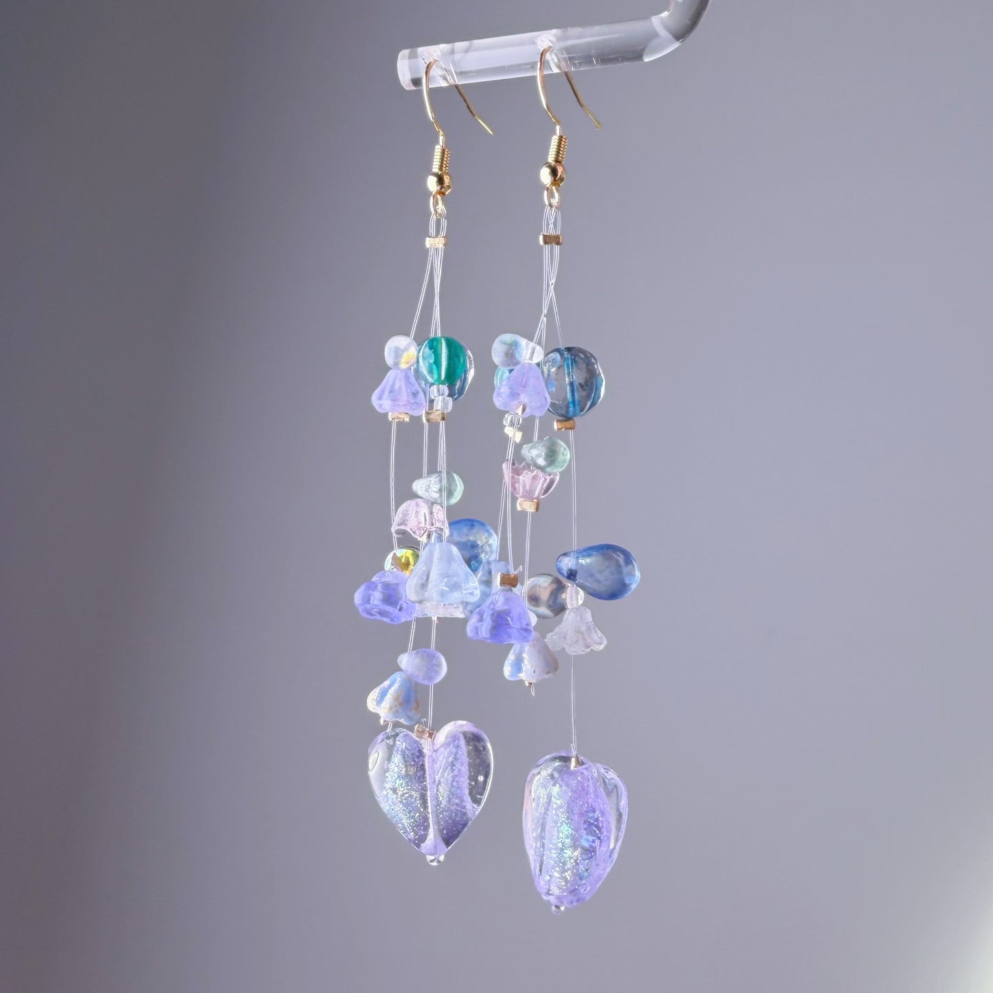 Handmade Purple Hearts and Floating Flowers Lampwork Glass Beaded Earrings