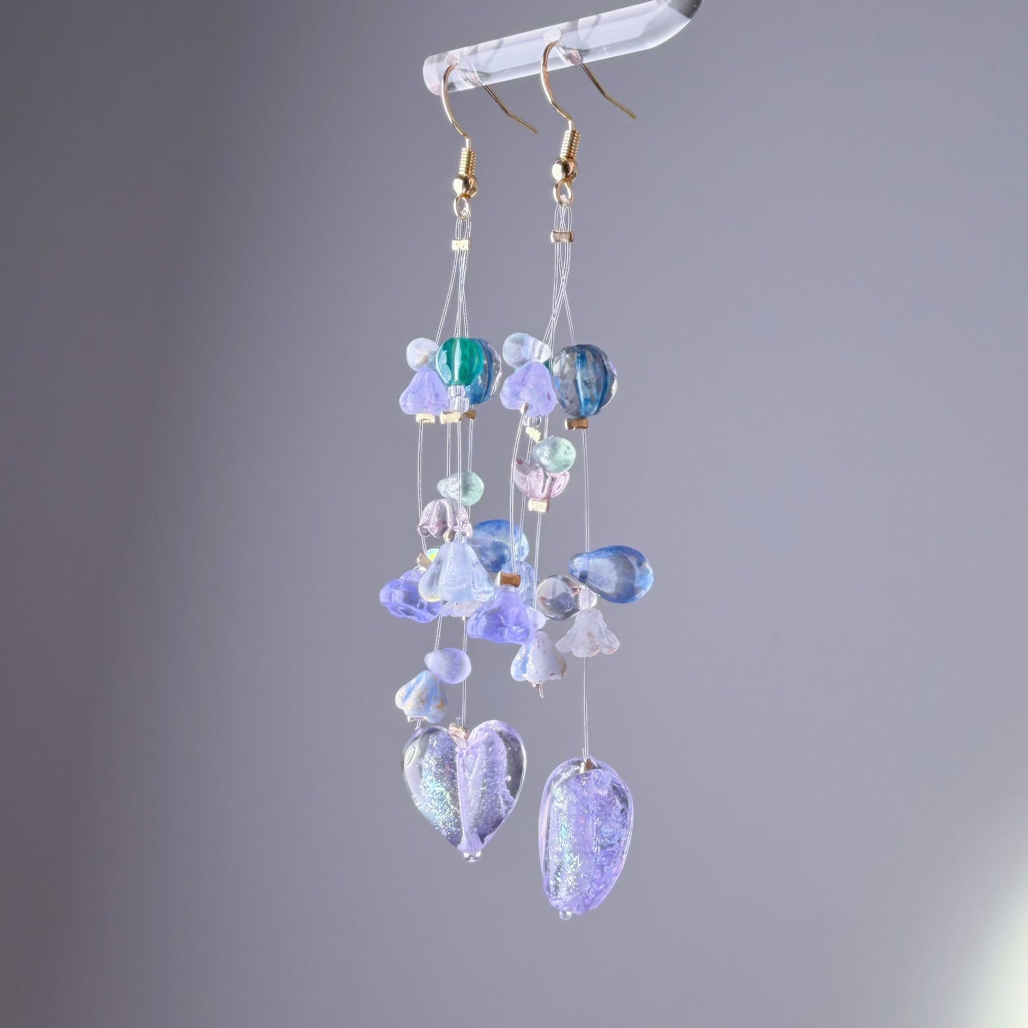 Handmade Purple Hearts and Floating Flowers Lampwork Glass Beaded Earrings