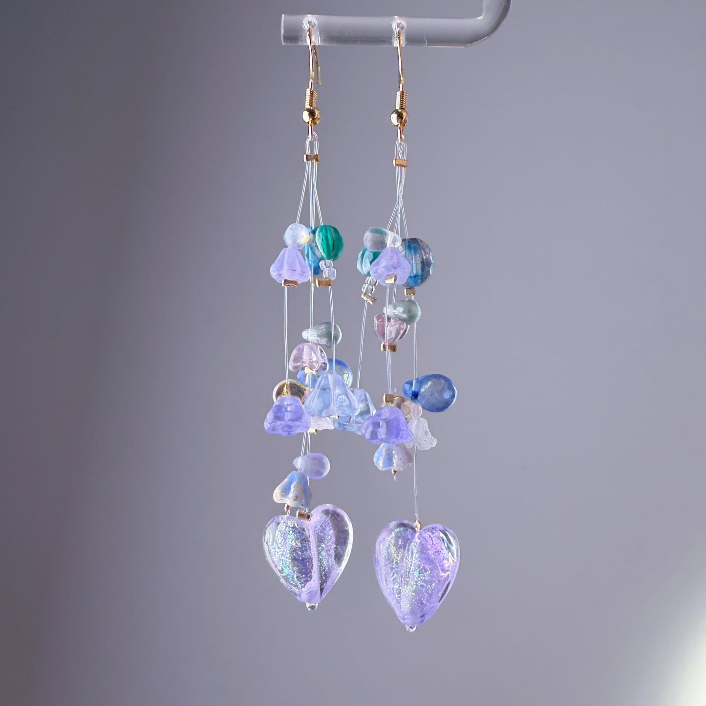 Handmade Purple Hearts and Floating Flowers Lampwork Glass Beaded Earrings