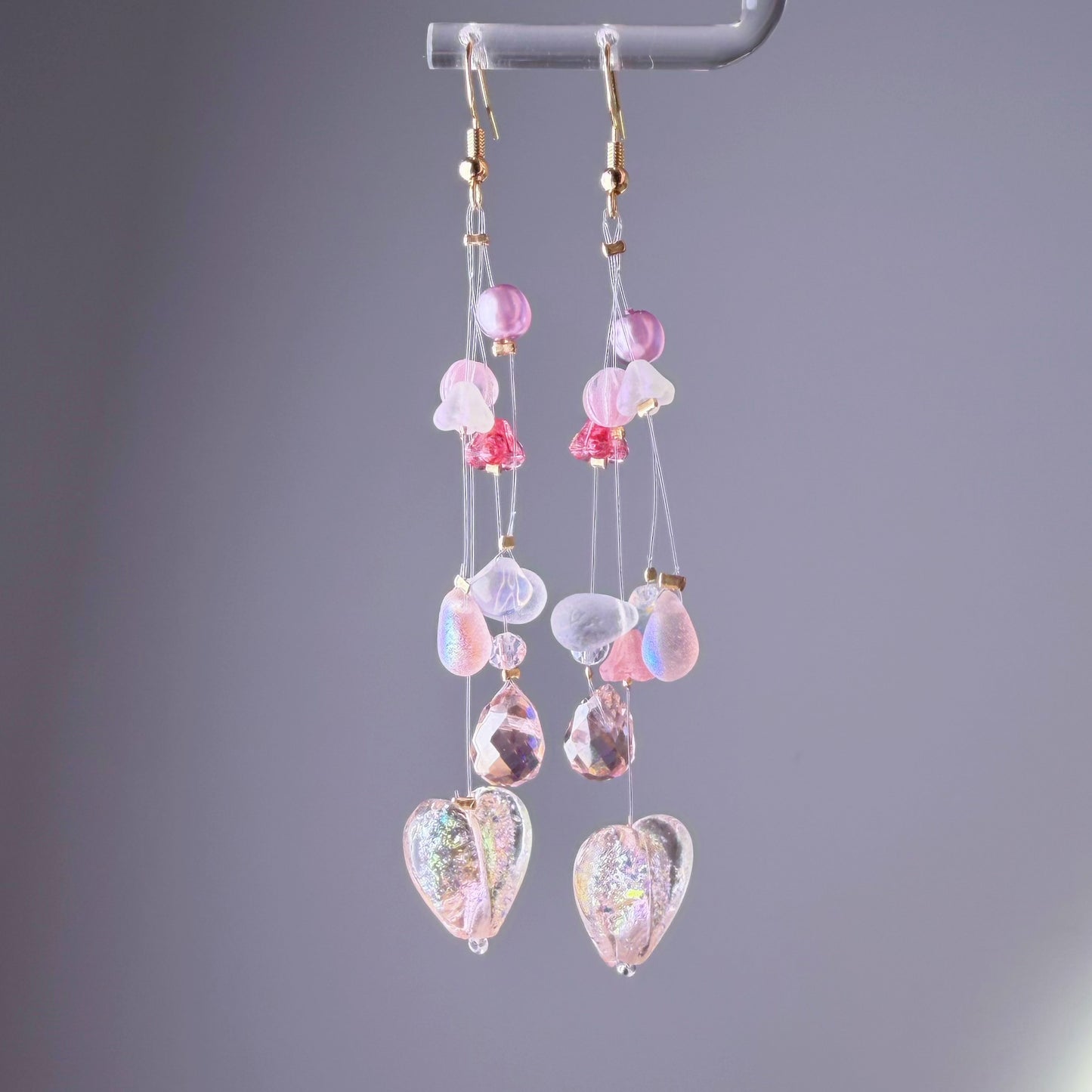 Handmade Light Pink Hearts and Floating Flowers Lampwork Glass Beaded Earrings