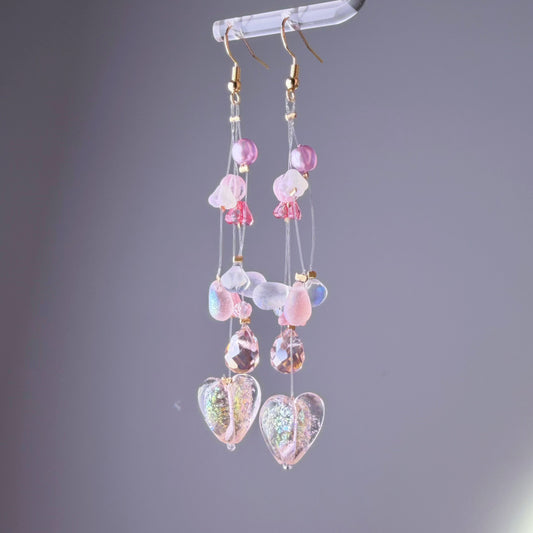 Handmade Light Pink Hearts and Floating Flowers Lampwork Glass Beaded Earrings