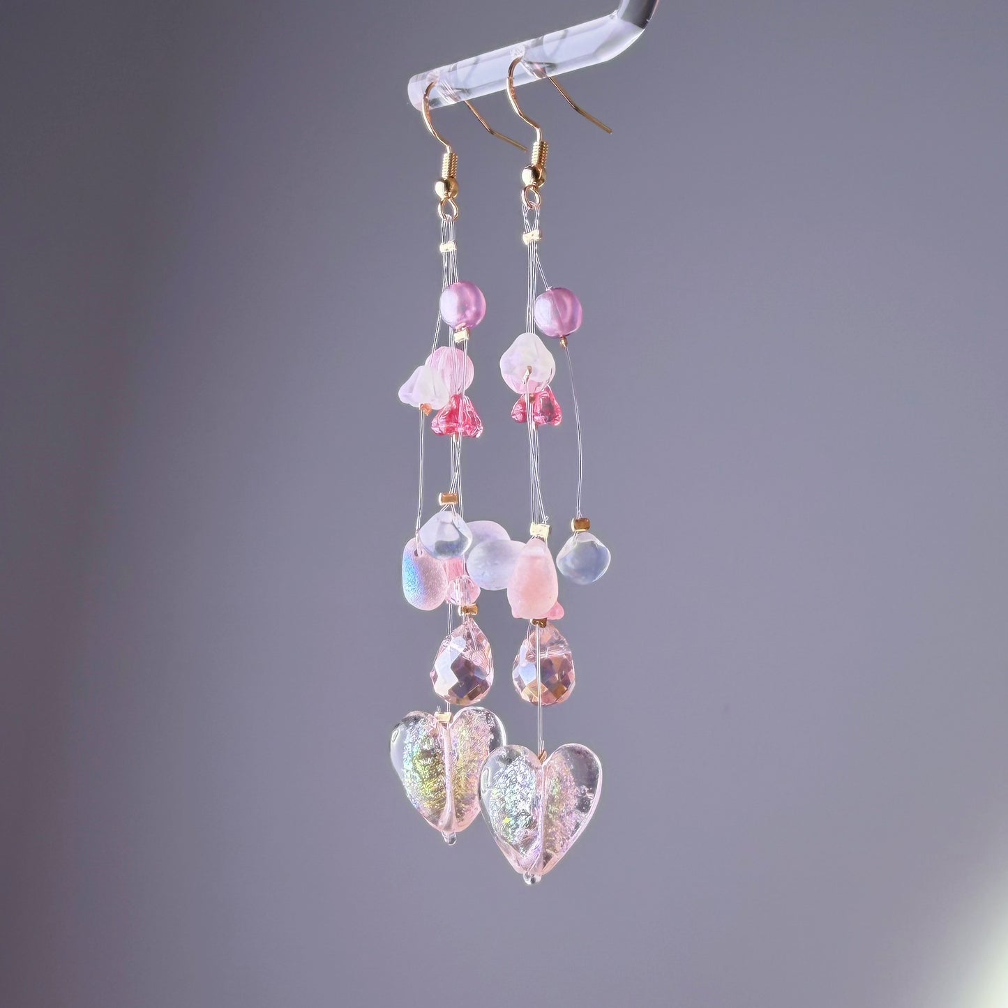 Handmade Light Pink Hearts and Floating Flowers Lampwork Glass Beaded Earrings