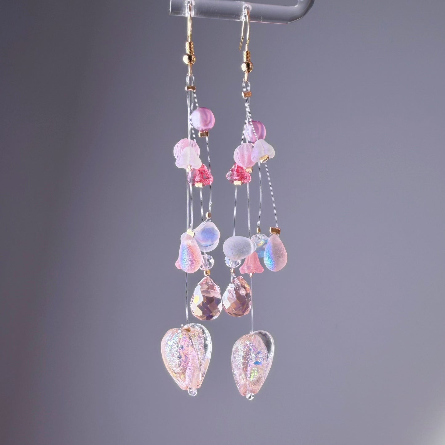 Handmade Light Pink Hearts and Floating Flowers Lampwork Glass Beaded Earrings