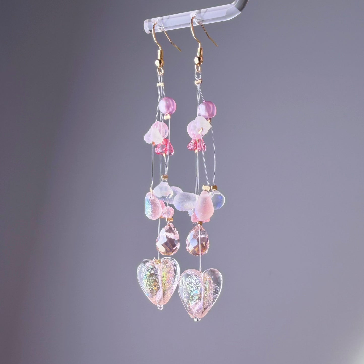 Handmade Light Pink Hearts and Floating Flowers Lampwork Glass Beaded Earrings