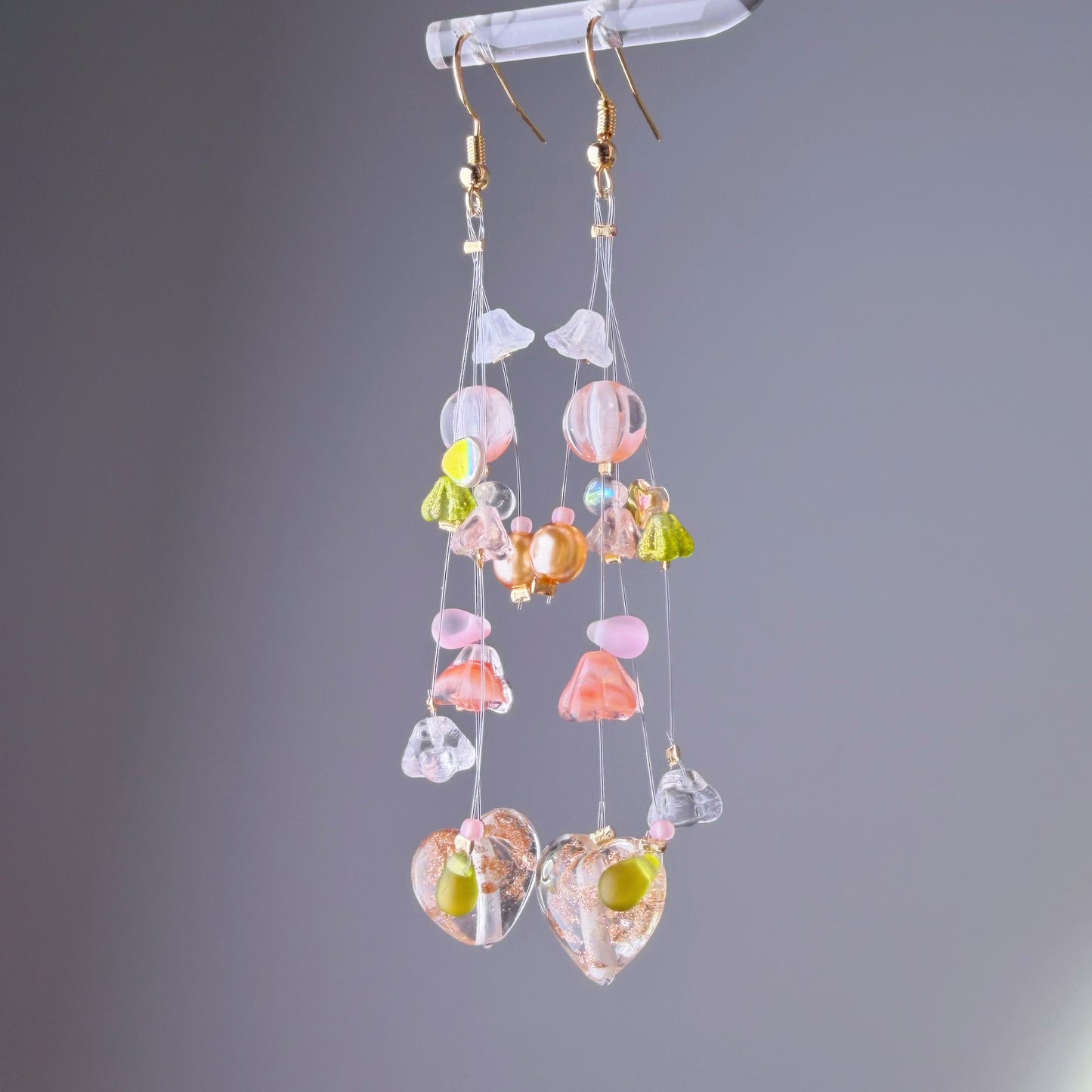 Handmade Orange Hearts and Floating Flowers Lampwork Glass Beaded Earrings