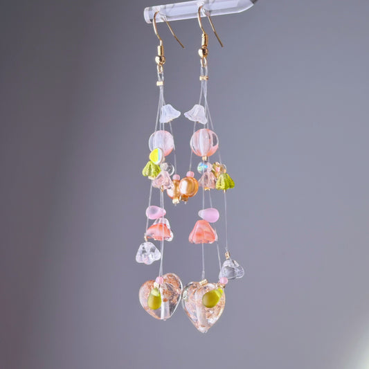 Handmade Orange Hearts and Floating Flowers Lampwork Glass Beaded Earrings