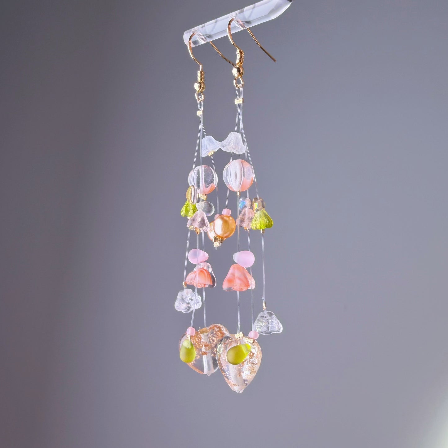 Handmade Orange Hearts and Floating Flowers Lampwork Glass Beaded Earrings